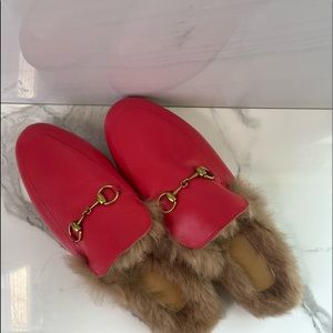 Red Gucci Pricetown Fur-Lined Leather Slipper/Loafer - Size 37